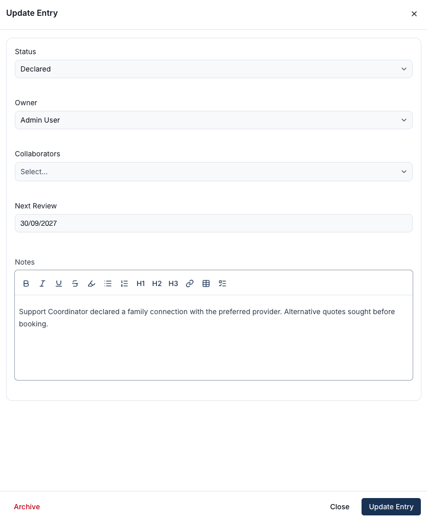 The Update Entry drawer with Status, Owner, Collaborators, Next Review and Notes