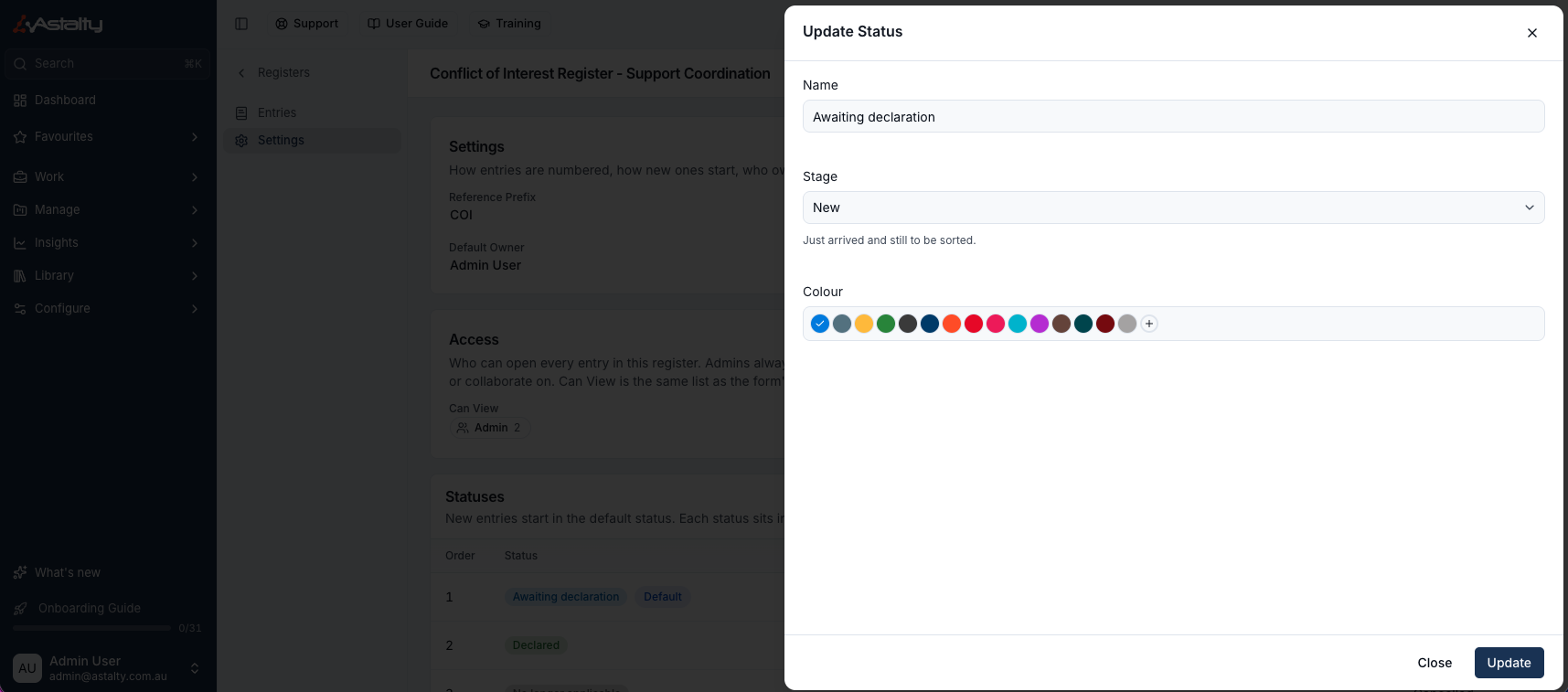 The Update Status drawer with Name, Stage and Colour