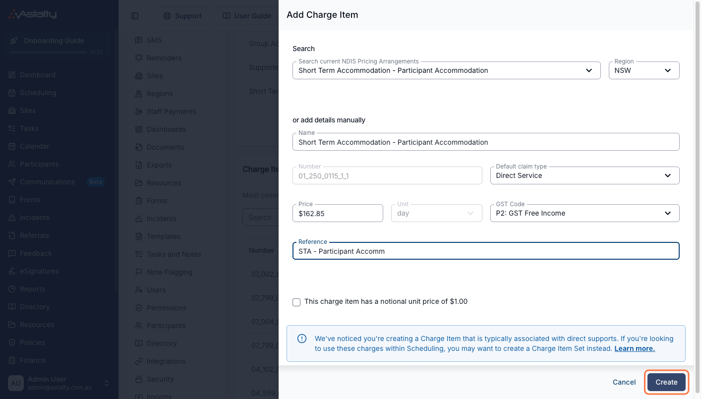 The Add Charge Item form for Short Term Accommodation - Participant Accommodation, showing line item 01_250_0115_1_1, a unit of day and the reference STA - Participant Accomm.