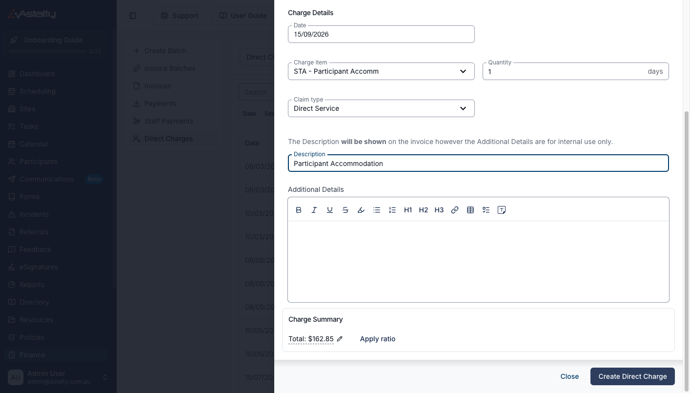 A completed Create Direct Charge form for STA - Participant Accomm, with a quantity of 1 day, a claim type of Direct Service and a description of Participant Accommodation.