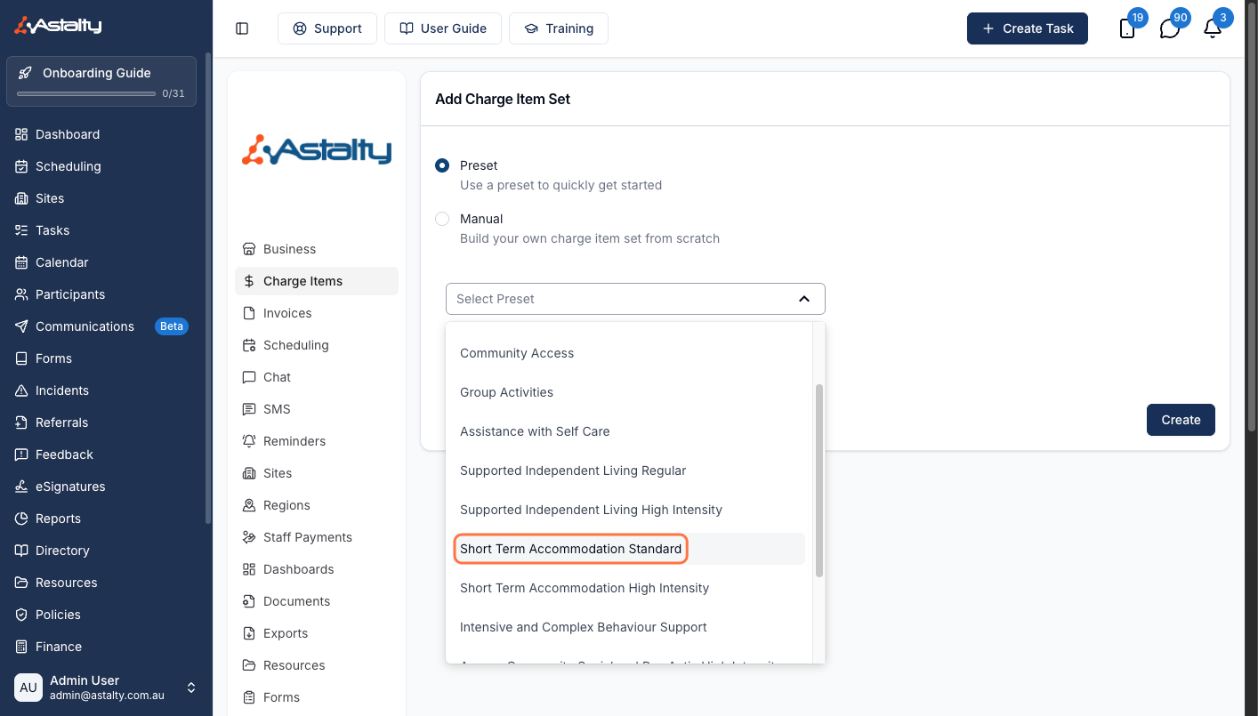 The Add Charge Item Set form with Preset selected and the Select Preset drop down open on Short Term Accommodation Standard.