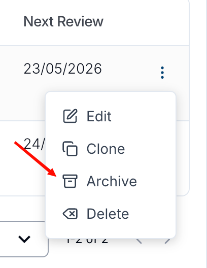 The three dot menu on a risk showing the Edit, Clone, Archive and Delete options, with Archive highlighted.