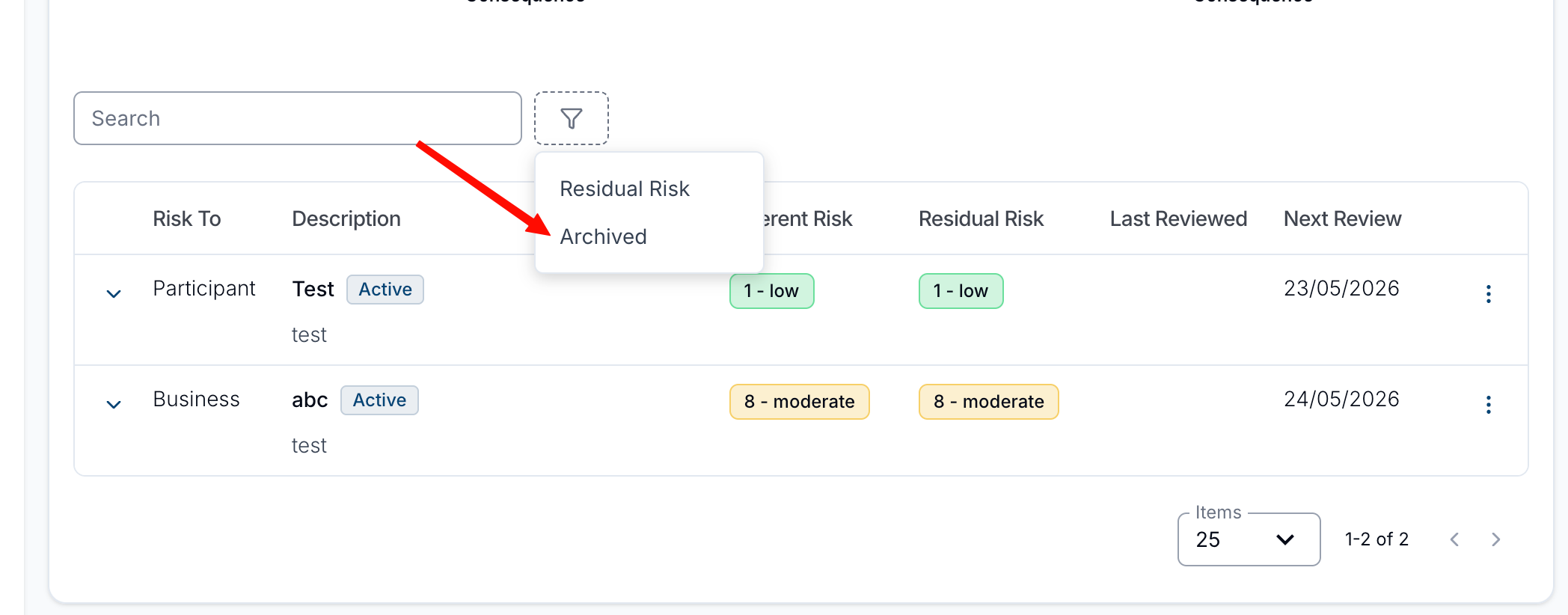 The filter menu above the participant risk list showing the Residual Risk and Archived filter options.