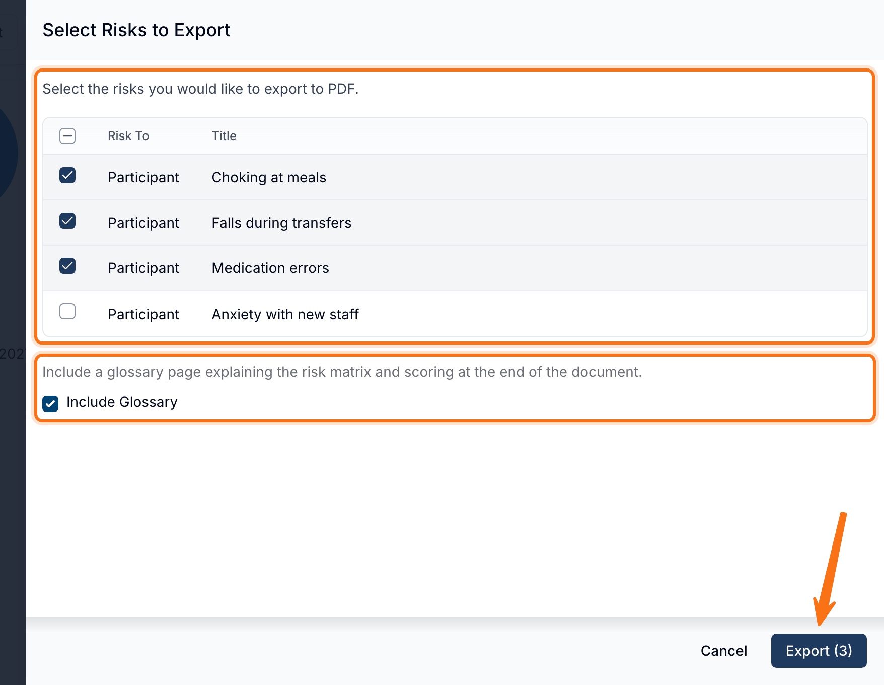 The Select Risks to Export drawer with three of four Risks ticked, the Include Glossary tick box ticked, both areas highlighted, and an arrow pointing to the Export (3) button.