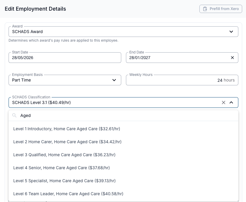 The SCHADS Classification list filtered to the six home care aged care levels, each with its hourly rate