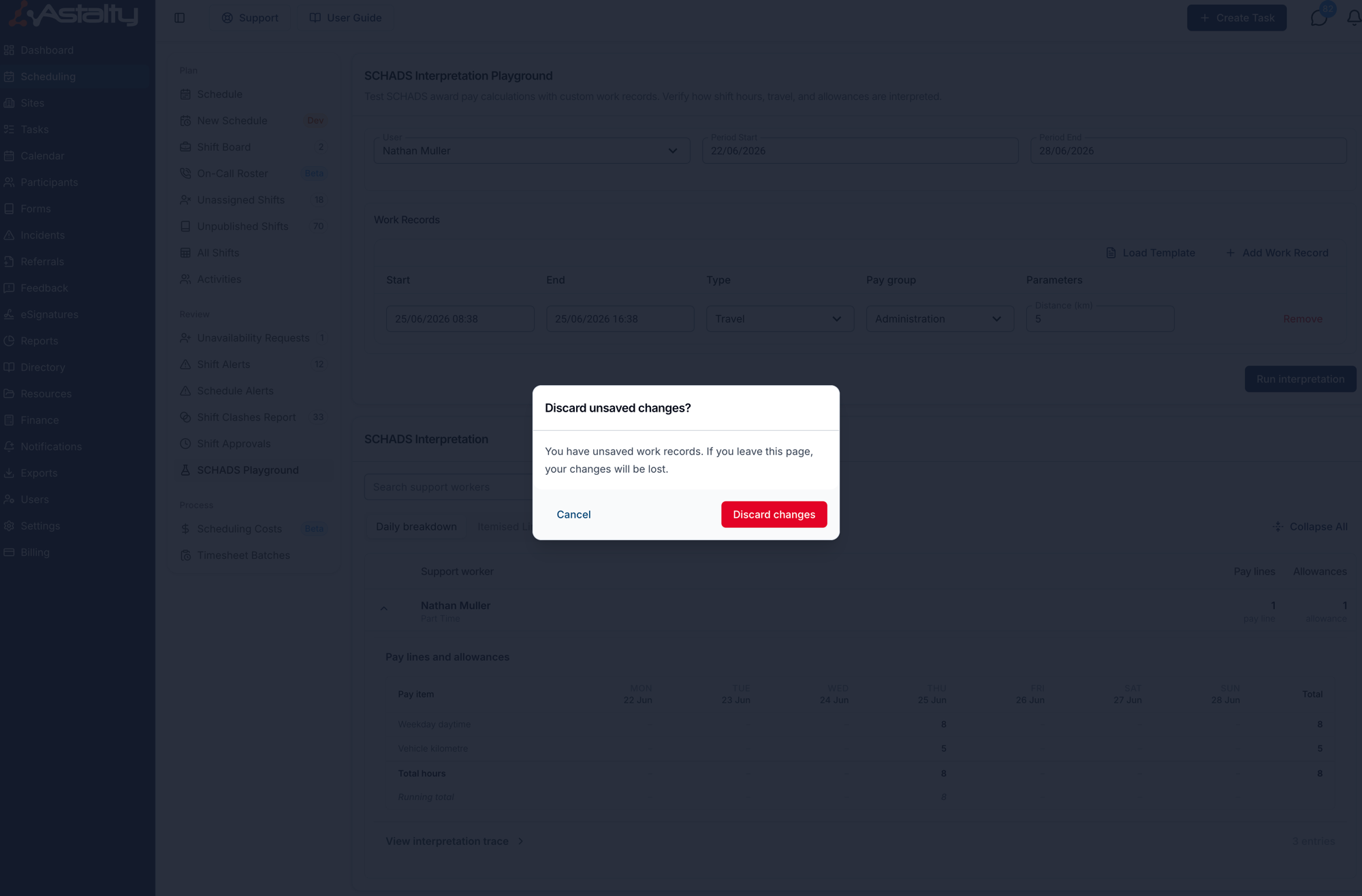The "Discard unsaved changes?" dialog over the playground, reading "You have unsaved work records. If you leave this page, your changes will be lost.", with Cancel and Discard changes buttons.