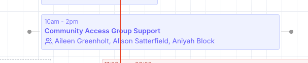 A 10am – 2pm Community Access Group Support tile on the Schedule listing three Participants, with a grey travel line and dot extending from both the left and right edges of the tile.