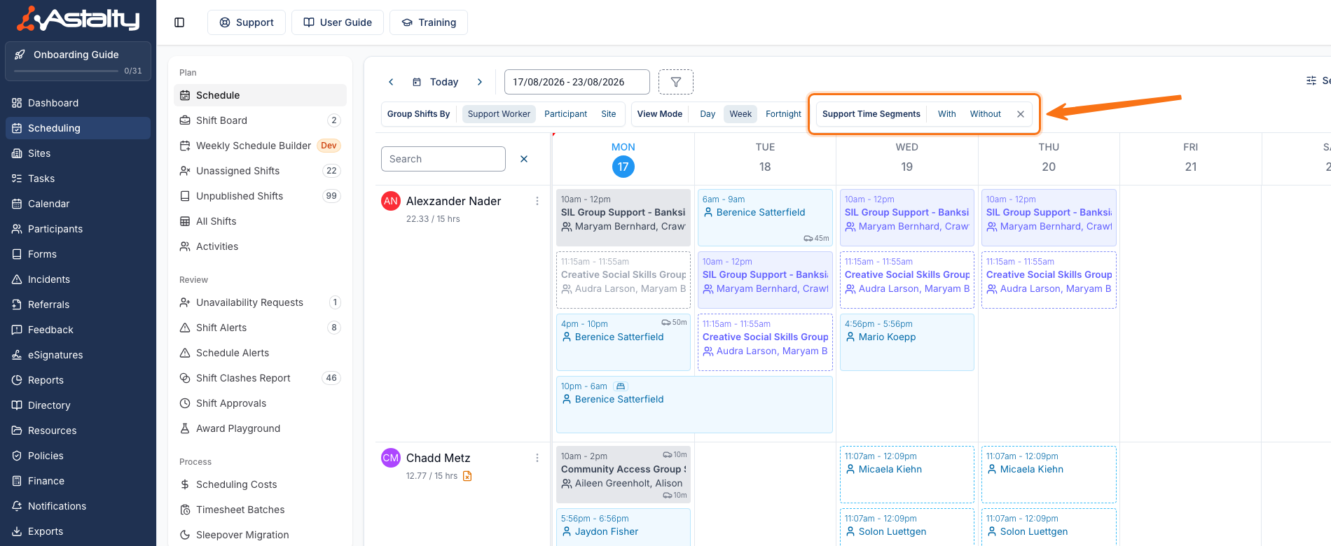 The Support Time Segments filter applied to the Schedule as an inline filter with With and Without options and a dismiss icon.