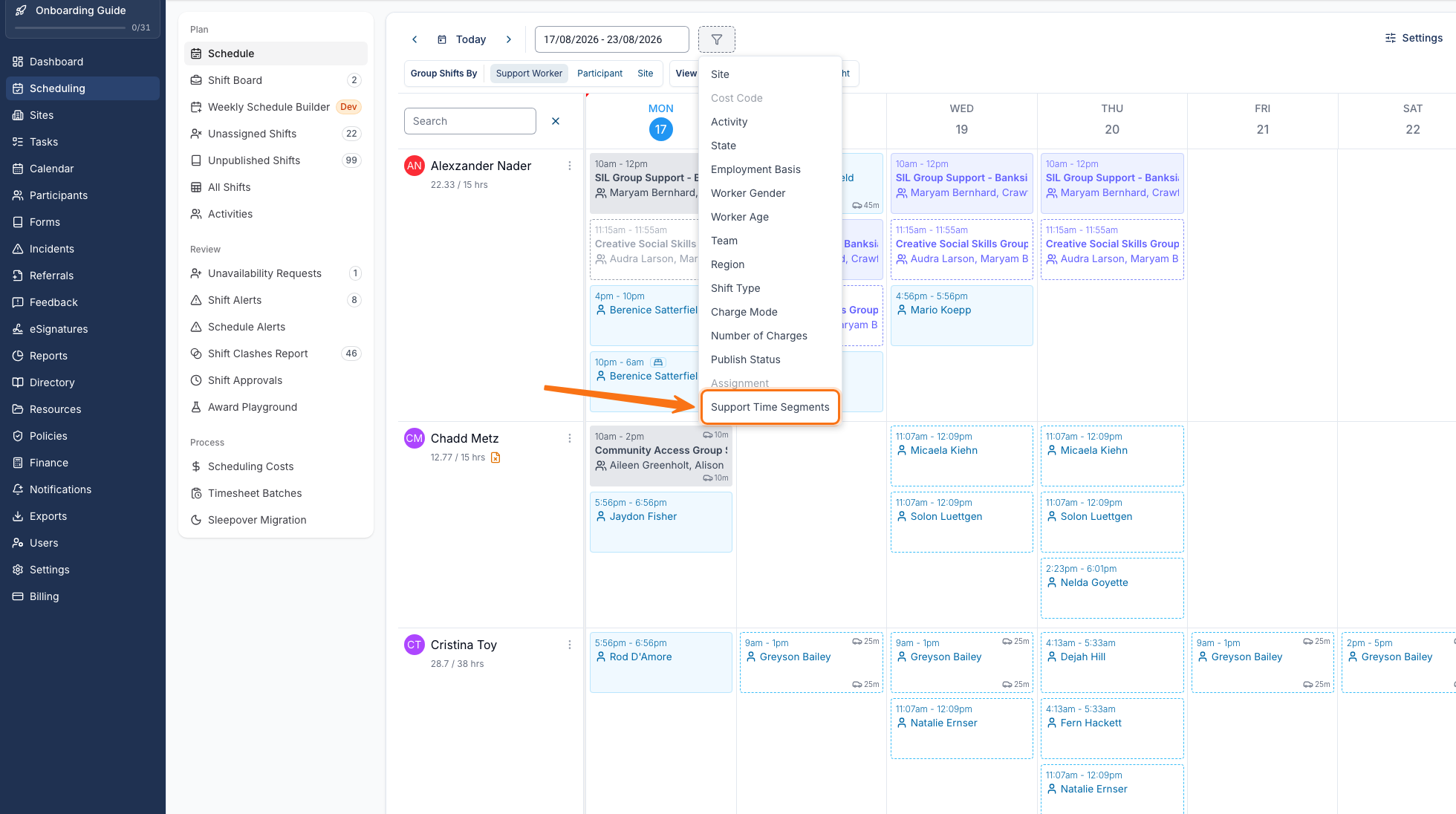 The Schedule filter menu open, with Support Time Segments at the bottom of the list of available filters.