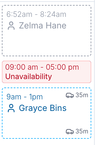 A single day column on the Schedule showing a 6:52am – 8:24am shift, then a red 09:00 am – 05:00 pm Unavailability tile, then a 9am – 1pm shift, ordered by start time.