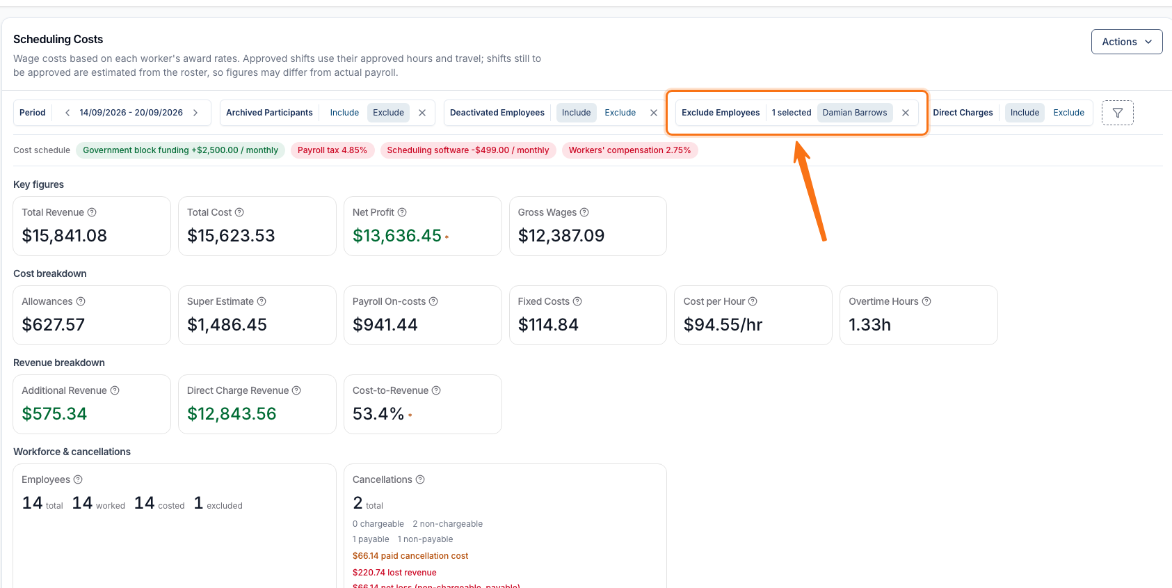 The Scheduling Costs filter bar with the Exclude Employees filter added and one employee selected.