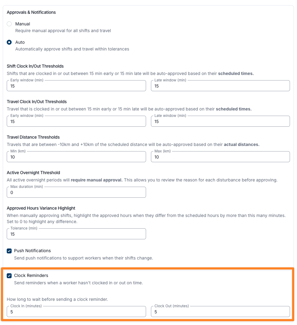 The Approvals & Notifications section of the Scheduling Settings edit form, showing the Manual and Auto approval options, the Shift and Travel Clock In/Out Thresholds, Travel Distance Thresholds, Active Overnight Threshold, Approved Hours Variance Highlight, a ticked Push Notifications checkbox, and a highlighted, ticked Clock Reminders checkbox with Clock In (minutes) and Clock Out (minutes) both set to 5.