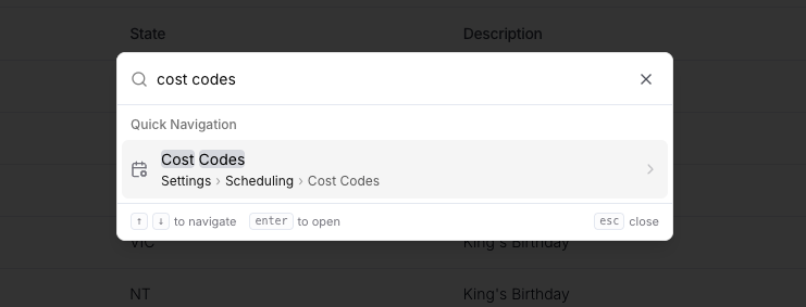 The Quick Action Menu with "cost codes" typed, returning Cost Codes under Quick Navigation with the path Settings, Scheduling, Cost Codes shown beneath it