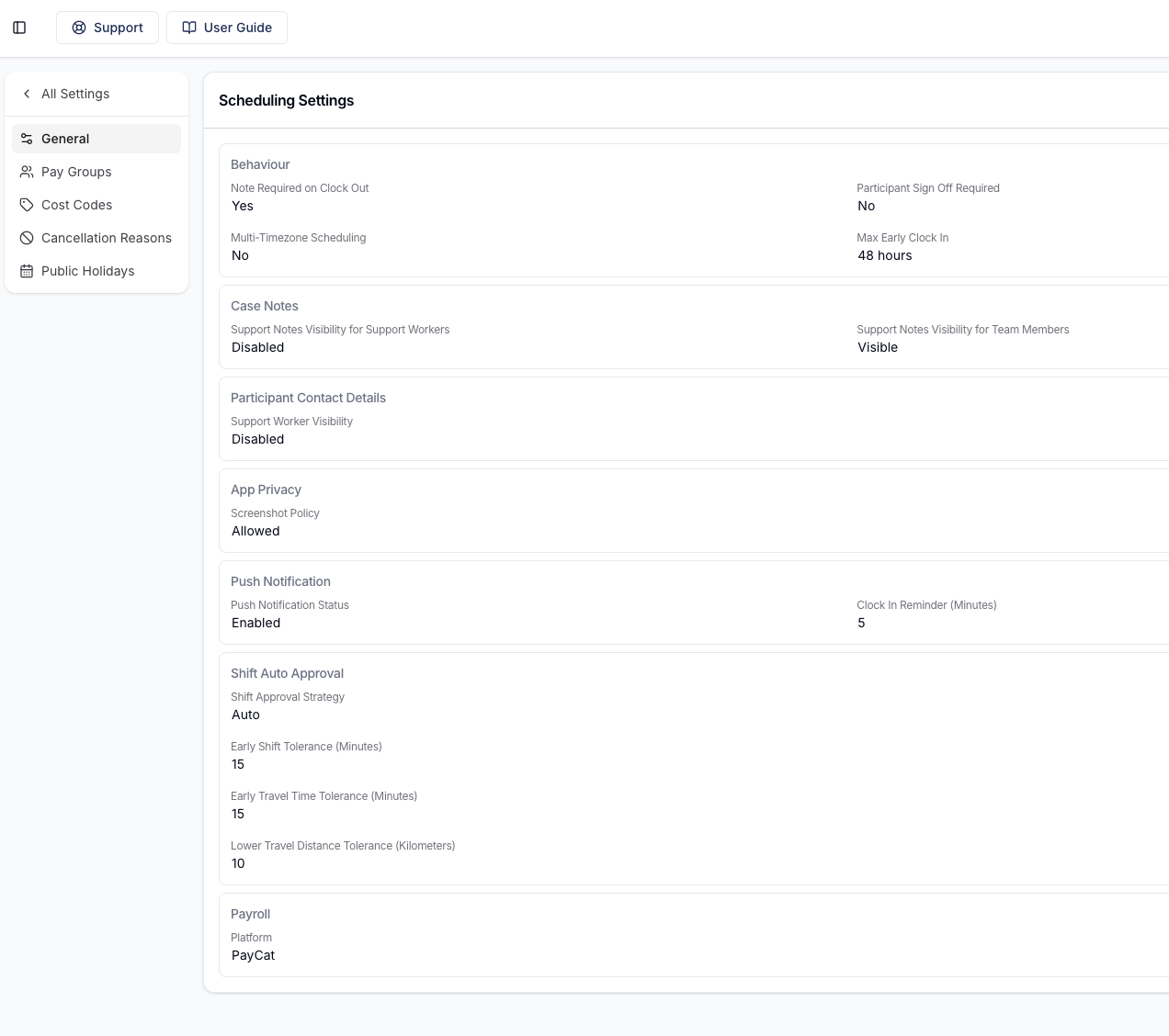 The Scheduling Settings page with a left-hand submenu listing All Settings, General, Pay Groups, Cost Codes, Cancellation Reasons and Public Holidays, beside the General page showing its Behaviour, Case Notes, Participant Contact Details, App Privacy, Push Notification, Shift Auto Approval and Payroll sections