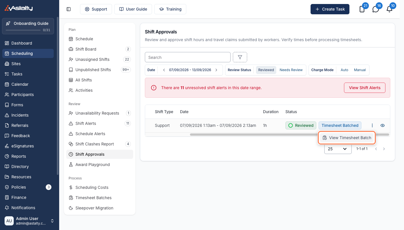 A reviewed shift on the Shift Approvals page marked Reviewed and Timesheet Batched, with its 3 dot menu open on View Timesheet Batch.