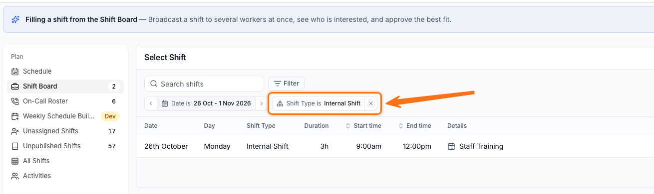 The Select Shift step of the Shift Board's Add Shift flow, with the Shift Type filter set to Internal Shift and a Staff Training shift listed below it.