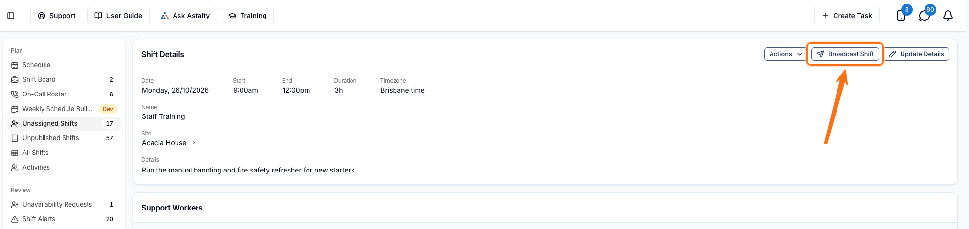 The Shift Details page for an unassigned internal shift named Staff Training, with the Broadcast Shift button highlighted next to Actions and Update Details.