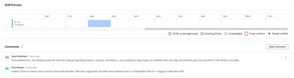The Approve drawer for a support worker with the Comments card below Shift Preview.