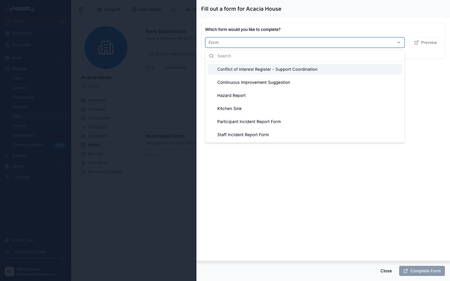 The Fill out a Form drawer for a Site, with the form picker open showing a Register form among the available forms
