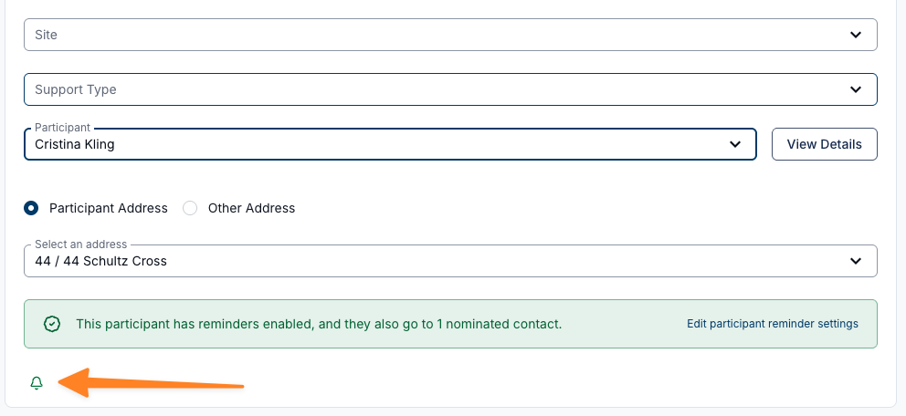 A support create form with a green reminder bell beneath an alert explaining that the participant has reminders enabled.