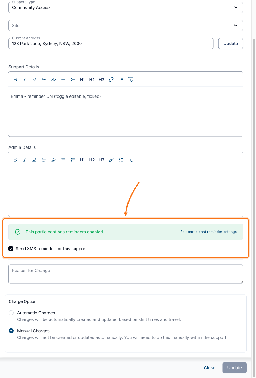 The Update Details form for a 1:1 support with the Send SMS reminder for this support checkbox.