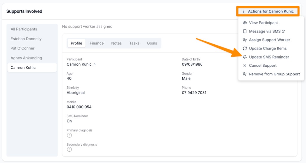 A group support participant's Actions menu with Update SMS Reminder highlighted.