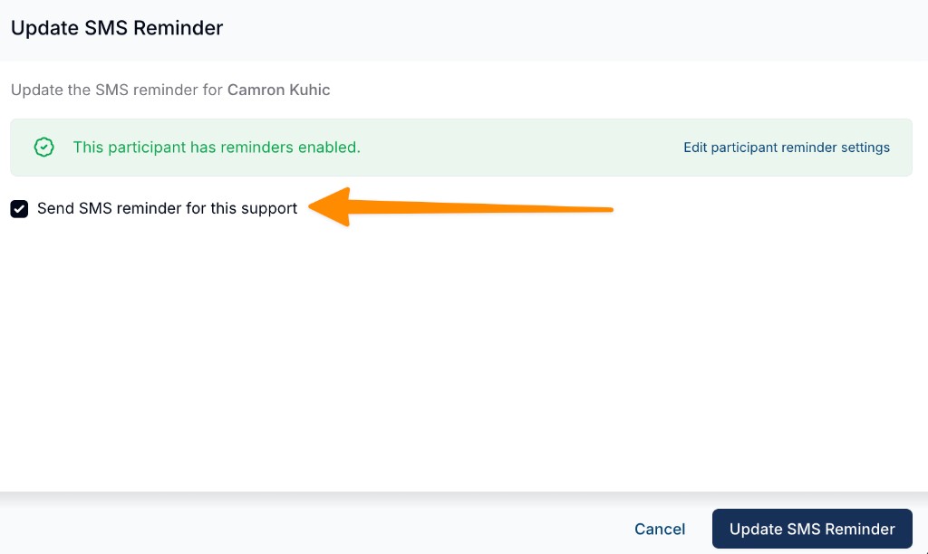 The Update SMS Reminder panel showing the Send SMS reminder for this support checkbox.