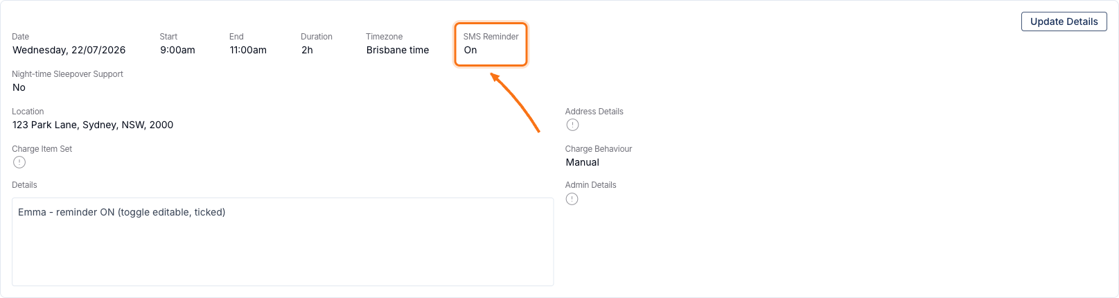 A support's Details view showing the SMS Reminder field set to On.