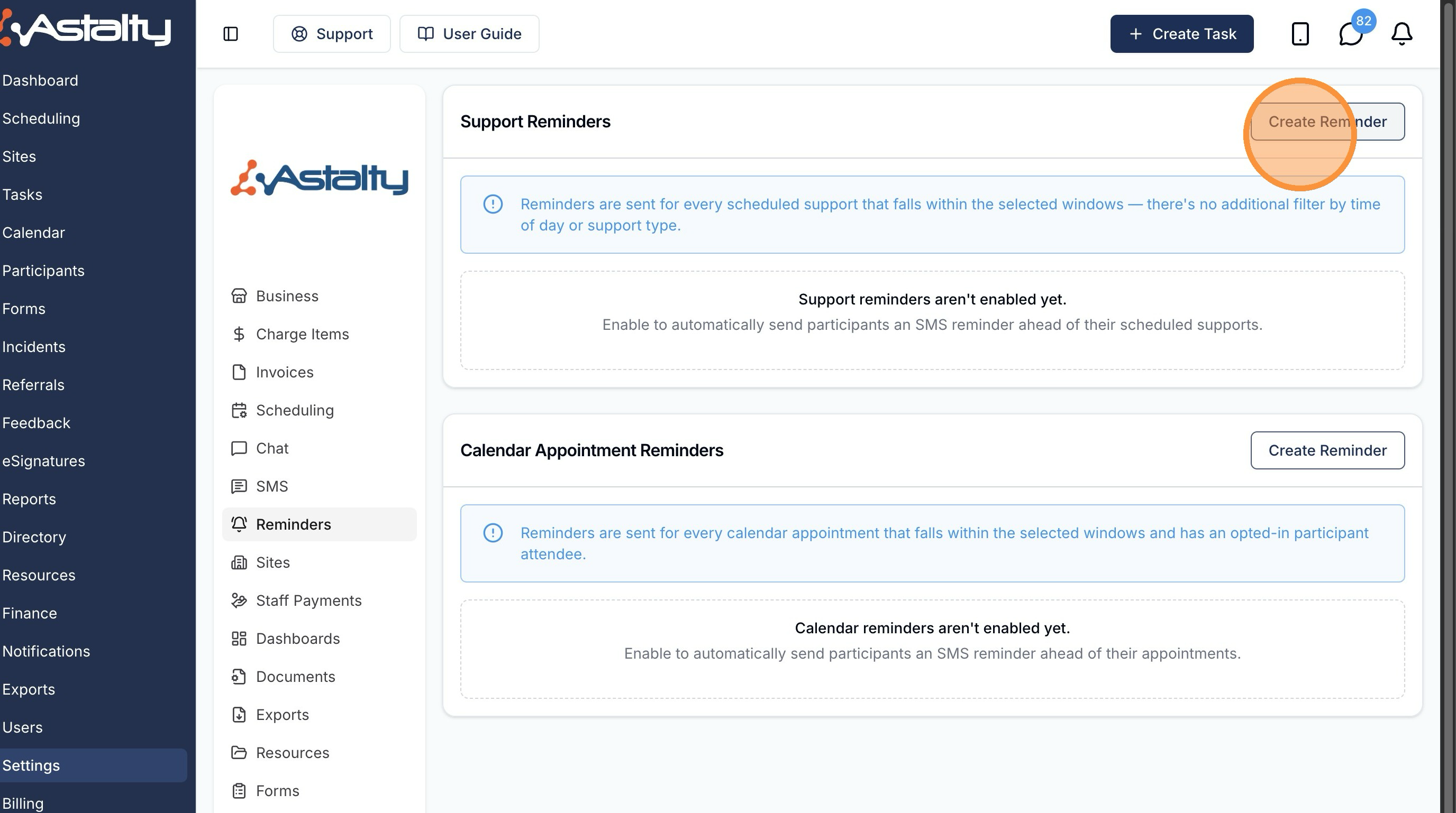 The Reminders settings page showing Support Reminders and Calendar Appointment Reminders.
