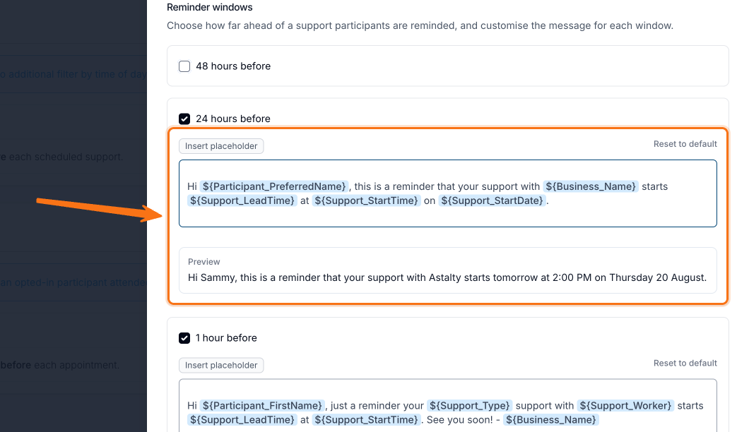 A support reminder message using the Participant Preferred Name placeholder, with the preview reading 'Hi Sammy, this is a reminder that your support with Astalty starts tomorrow…'.