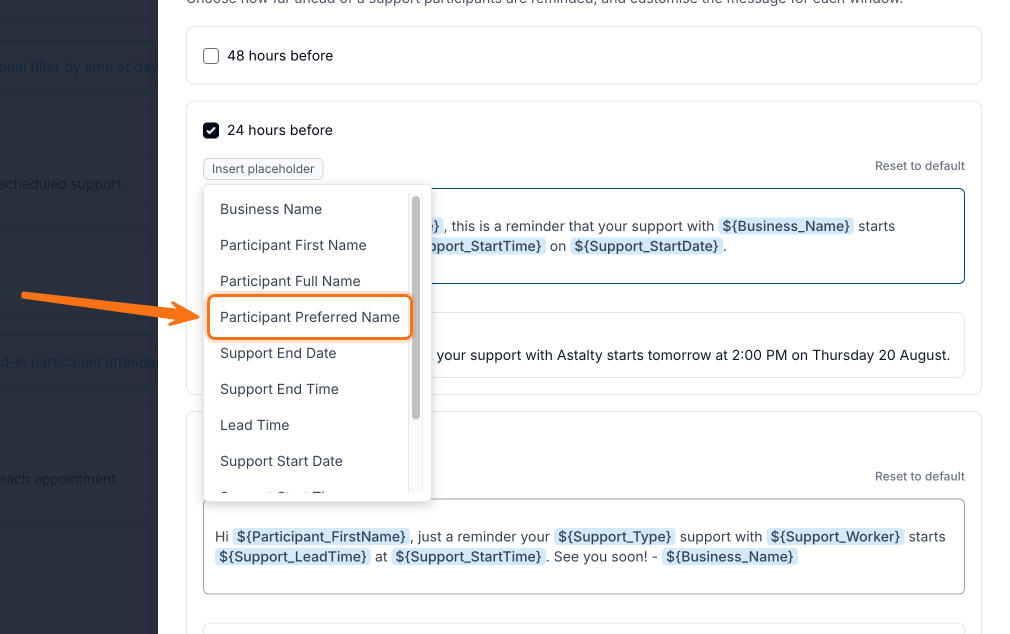 The Insert placeholder menu open on a support reminder message, with Participant Preferred Name highlighted.