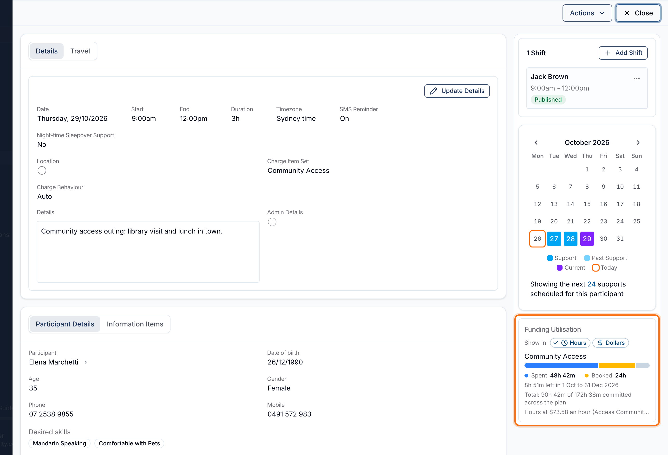 A Community Access support for Elena Marchetti on Thursday 29/10/2026, with the Funding Utilisation card highlighted in the sidebar below the shift and the support calendar.