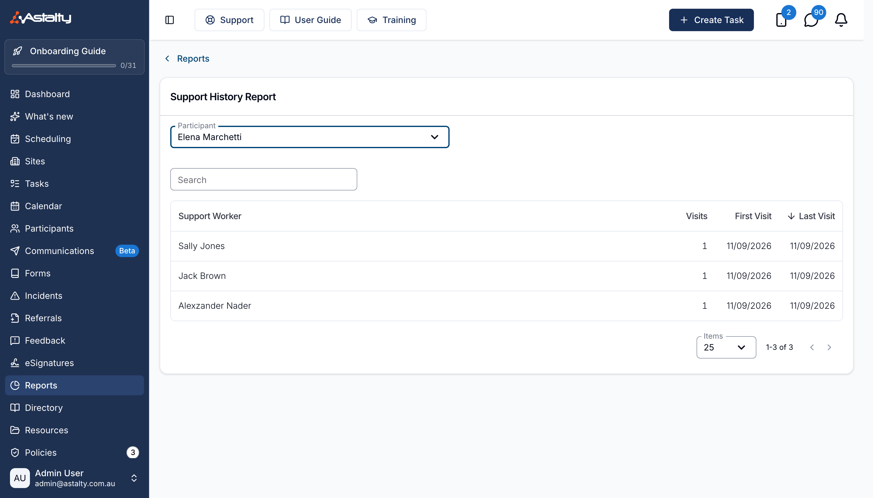 The Support History Report page, reached from Reports in the left-hand menu, with a Participant dropdown set to Elena Marchetti and an empty Search box beneath it. The table has Support Worker, Visits, First Visit and Last Visit columns, sorted by Last Visit with a descending arrow beside the heading. Three rows — Sally Jones, Jack Brown and Alexszander Nader — each show 1 visit with a First Visit and Last Visit of 11/09/2026. Below the table an Items selector is set to 25 and the pagination reads 1-3 of 3. The page has no export button.