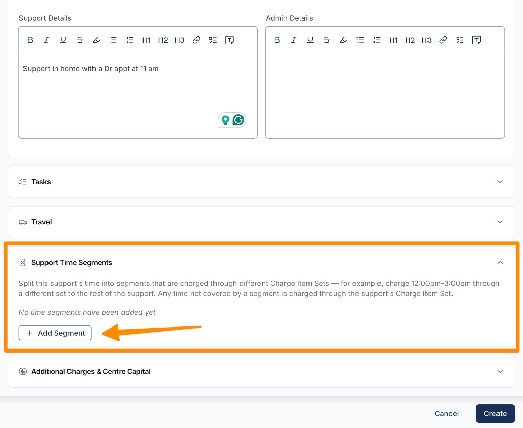 The Support Time Segments section on a create support form, showing the feature description, empty state, and Add Segment button.