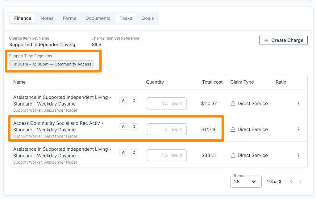 The Finance tab showing a Support Time Segments summary pill and the matching charge line for the segmented hours, with primary-set charges either side.