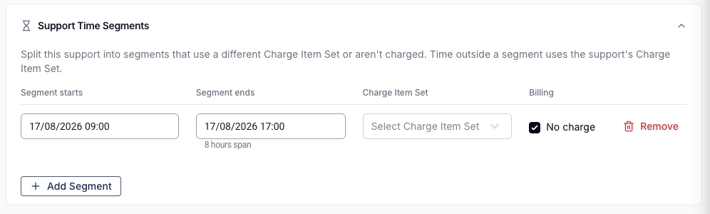 The Support Time Segments table with one segment running 09:00 to 17:00, the No charge checkbox ticked, and the Charge Item Set picker greyed out.