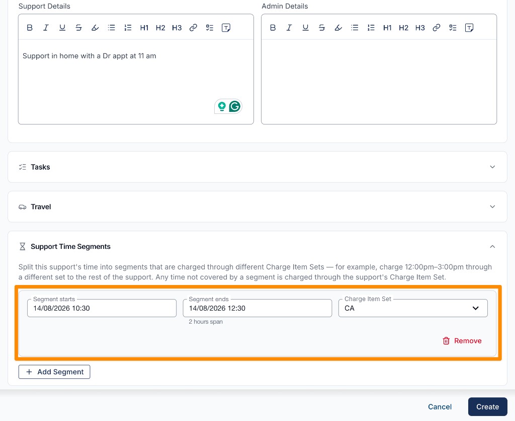 A Support Time Segment row with Segment starts, Segment ends, Charge Item Set, span length hint, and Remove.