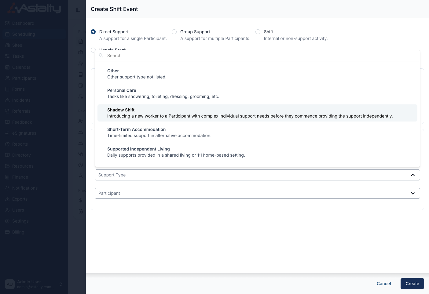 The Create Shift Event form with Direct Support selected and the Support Type dropdown open, listing Other, Personal Care, Shadow Shift, Short-Term Accommodation and Supported Independent Living, each with a short description underneath. Shadow Shift is highlighted.