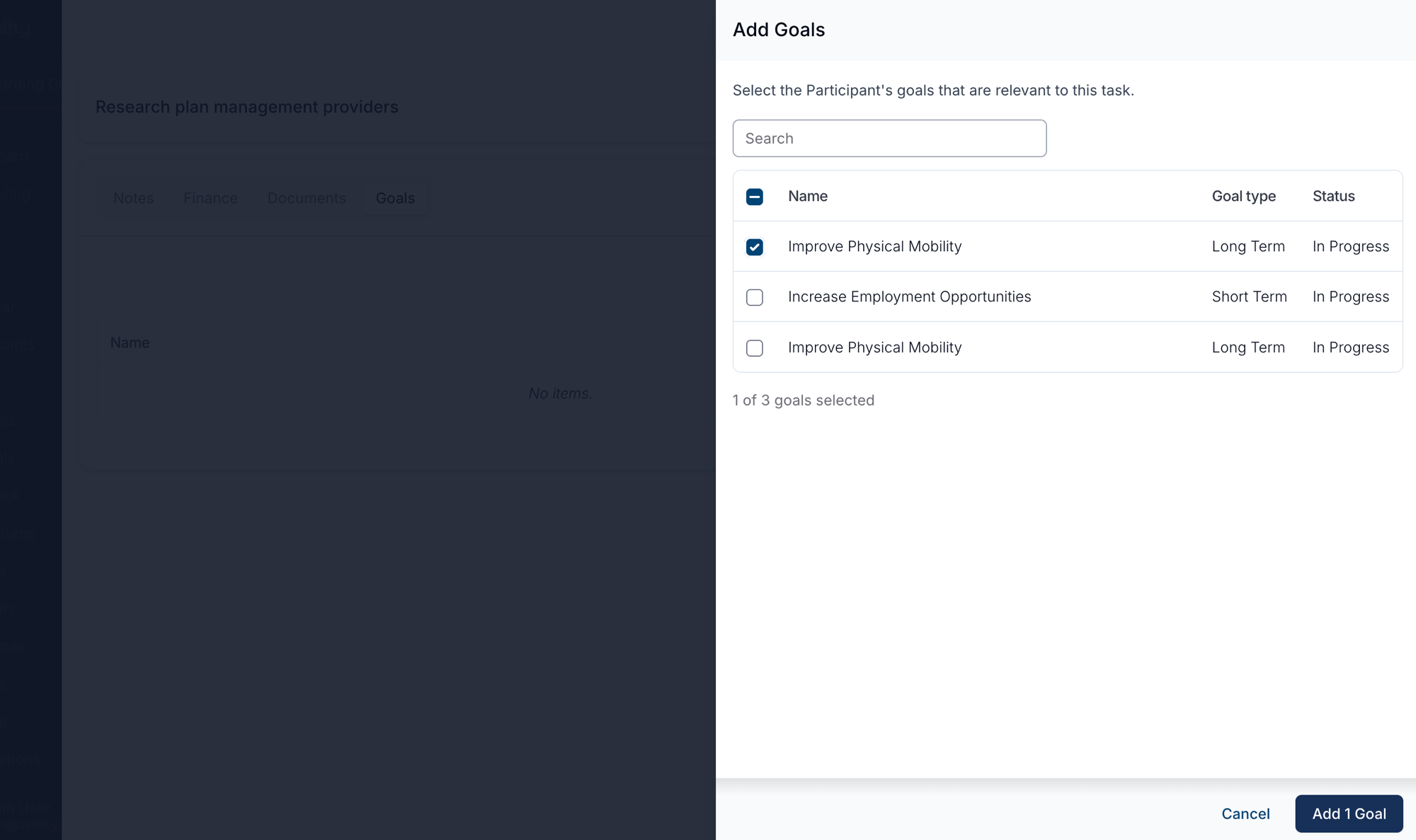 The Add Goals drawer on a task, with one of three Goals ticked and the button reading Add 1 Goal