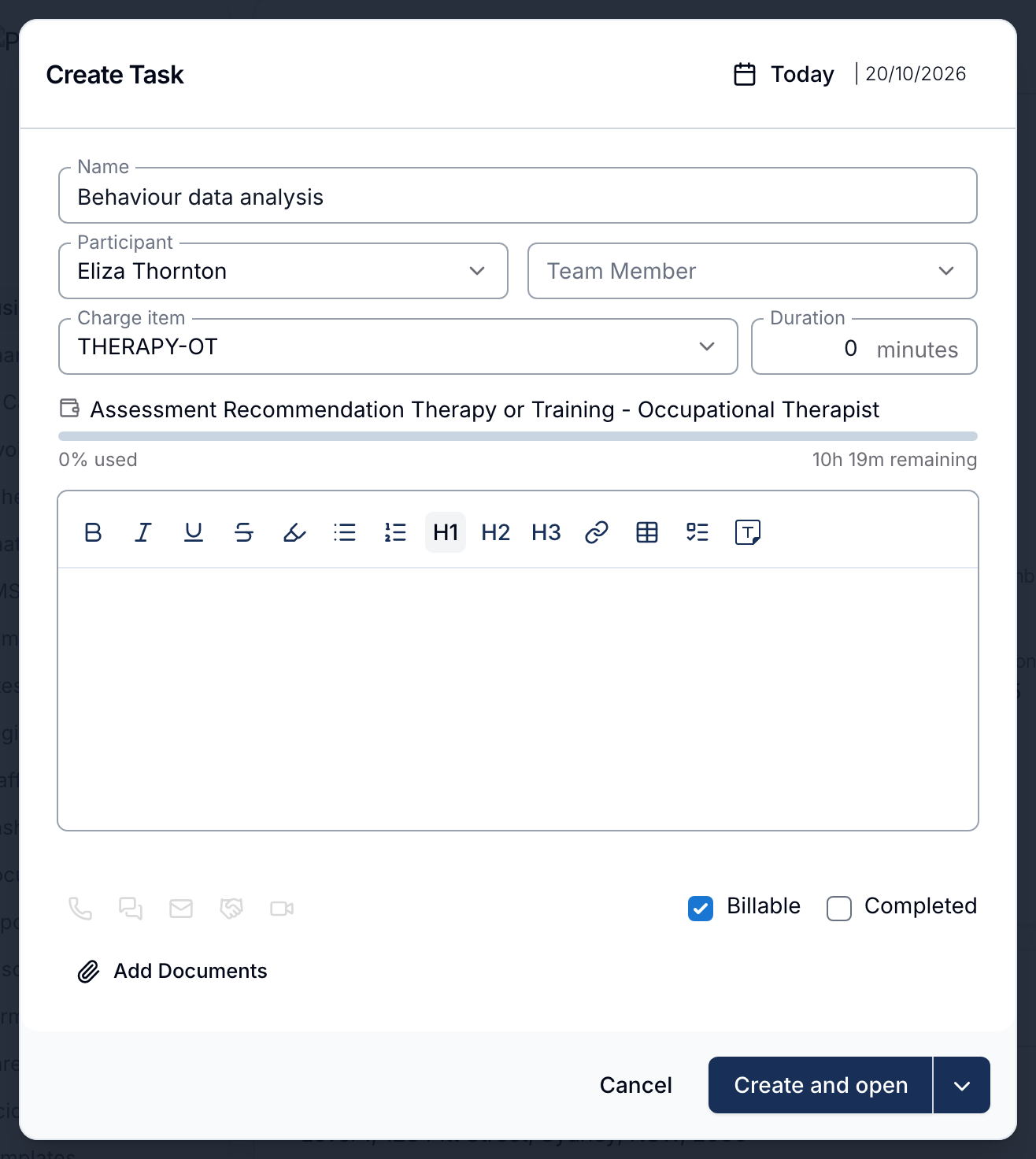 The Create Task dialog with the Charge Item THERAPY-OT selected, showing a funding utilisation bar reading 0% used and 10h 19m remaining underneath it.