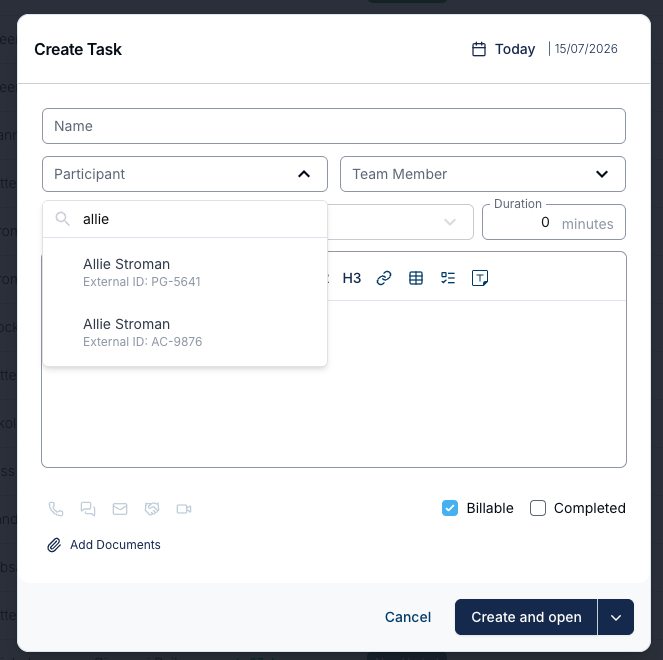 The Create Task participant dropdown showing two profiles named Allie Stroman, each with a different External ID displayed beneath the name.