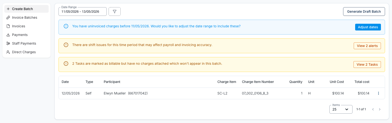 The Create Batch page showing a warning that 2 Tasks are marked as billable but have no charges attached which won't appear in this batch, with a View 2 Tasks button.