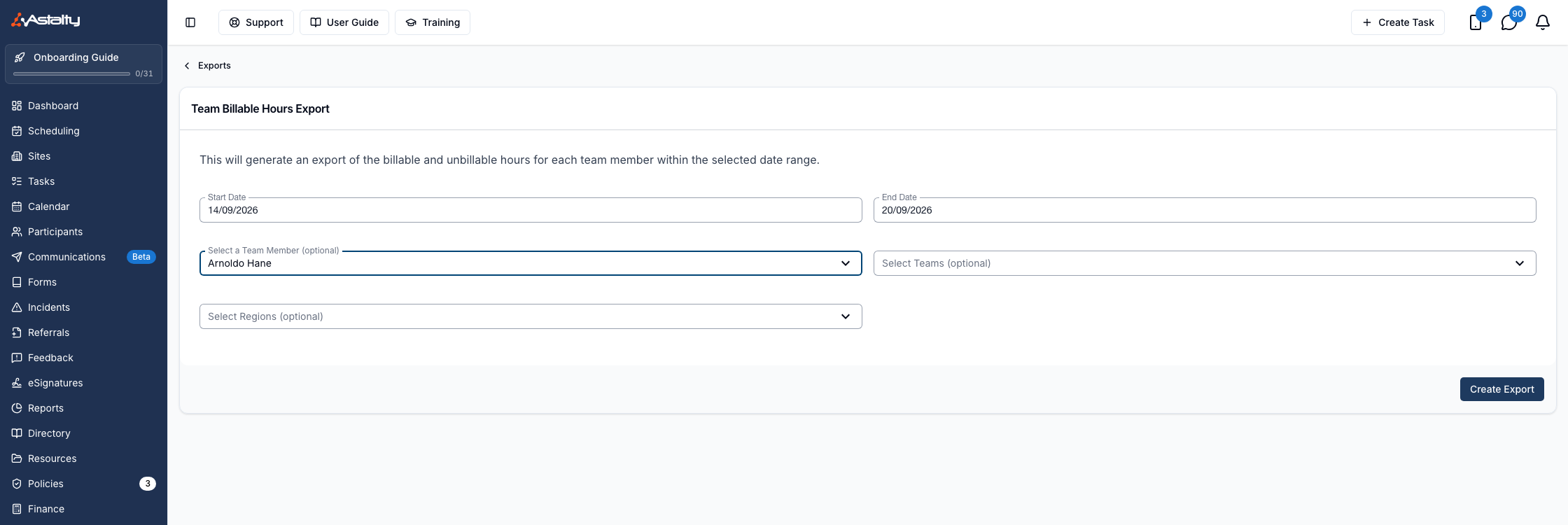 The Team Billable Hours Export form with a team member selected and no Include deactivated users checkbox shown.