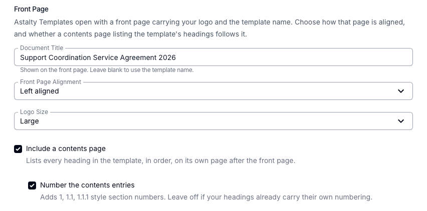 The Front Page section of the template form with the Document Title, Front Page Alignment and Logo Size fields and the contents page checkboxes