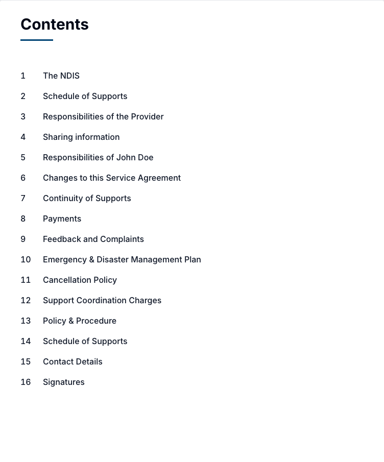 A generated contents page listing the template's headings with 1, 2, 3 style numbering and no page numbers