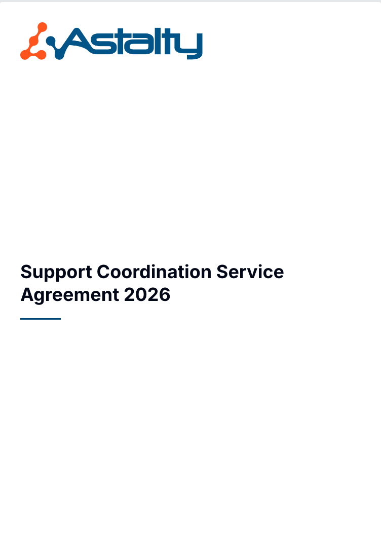 The front page of a generated Astalty Template showing the business logo, the document title, and the accent rule beneath it