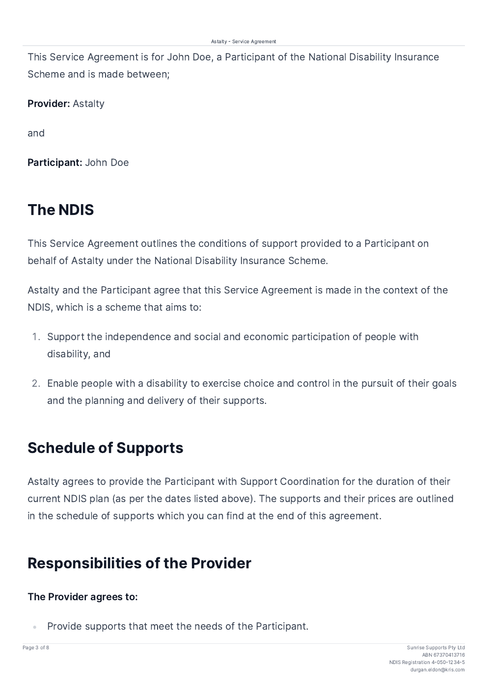 A body page of a generated document with a centred header, a right aligned multi-line footer, and the page number Page 3 of 8 on the left