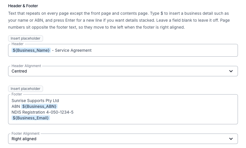 The Header & Footer section of the template form with a header using the Business Name placeholder and a multi-line footer using the Business ABN and Business Email placeholders