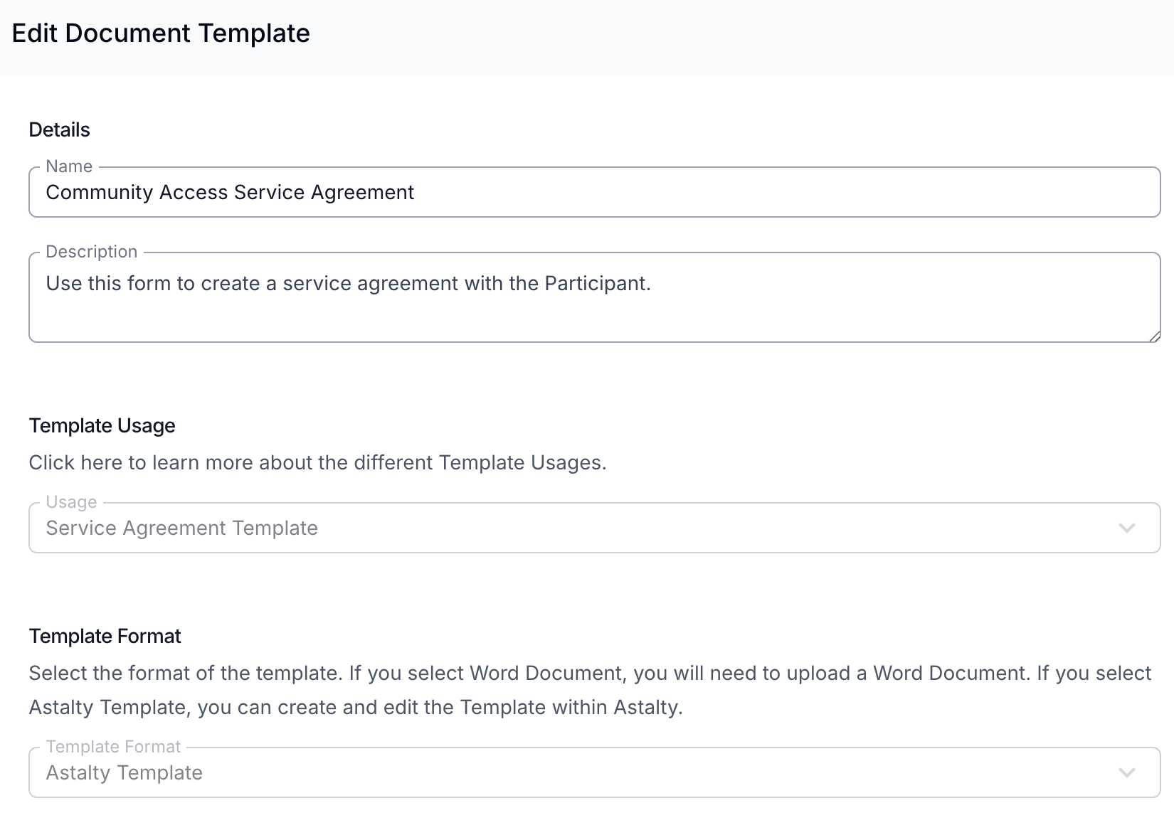 The Details, Template Usage, and Template Format sections of the Document Template form