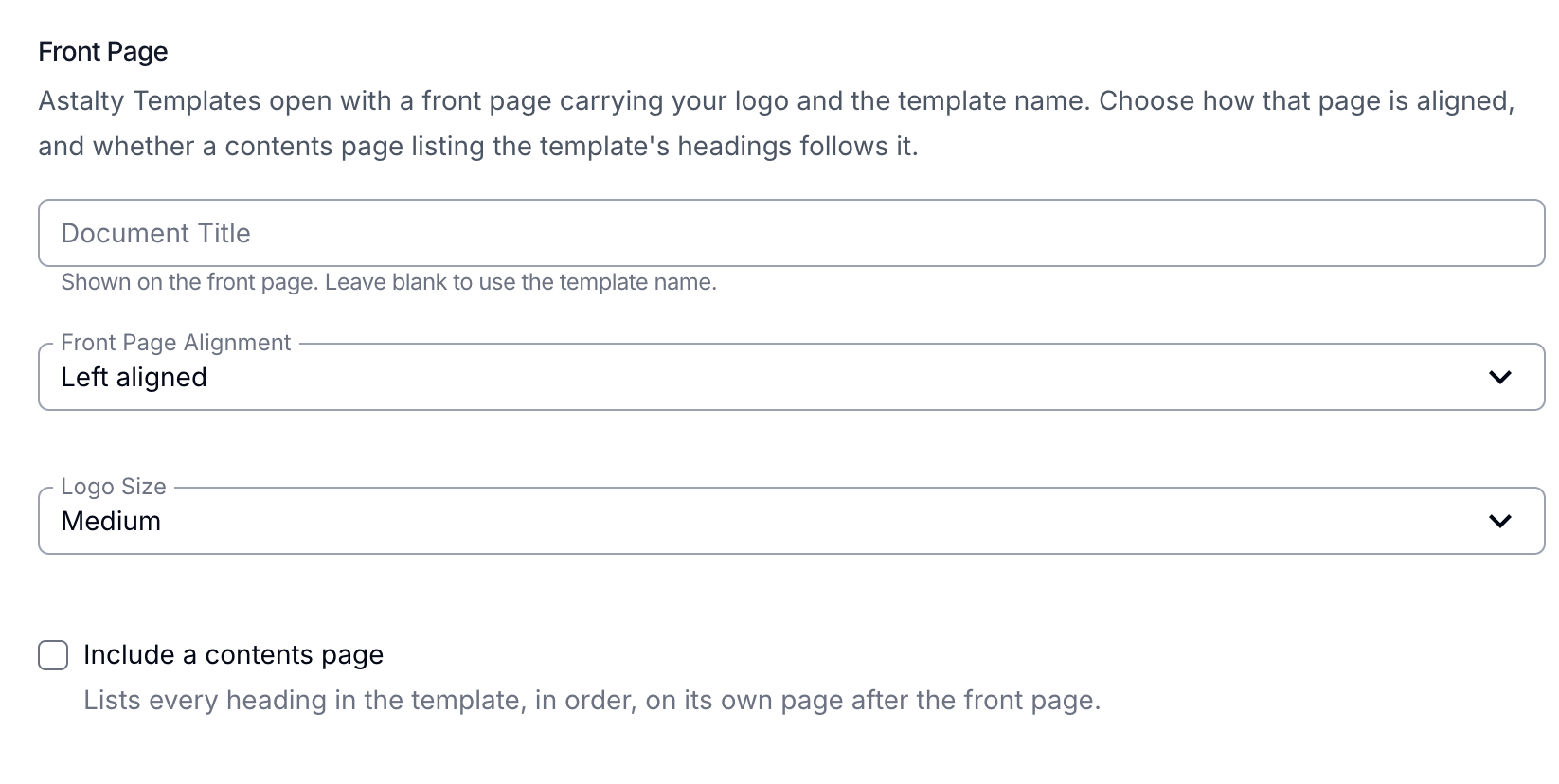 The Front Page section of the Document Template form, showing Document Title, Front Page Alignment, Logo Size, and the Include a contents page checkbox